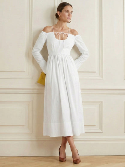 A-Line Elasticated Waist Adjustable Pleated Solid Color Split-Joint Boat Neck Maxi Dresses