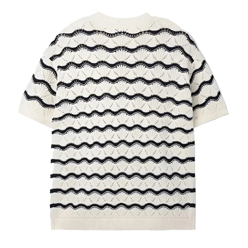 Men Knitted Shirt | Men Striped Summer Shirt | Short Sleeve | Hollow Out Knit