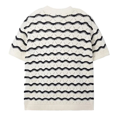 Men Knitted Shirt | Men Striped Summer Shirt | Short Sleeve | Hollow Out Knit