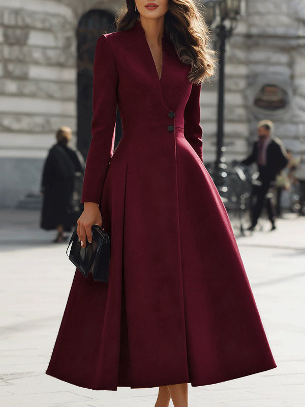 A-Line High Waisted Buttoned Pleated Solid Color Stand Collar Maxi Dresses