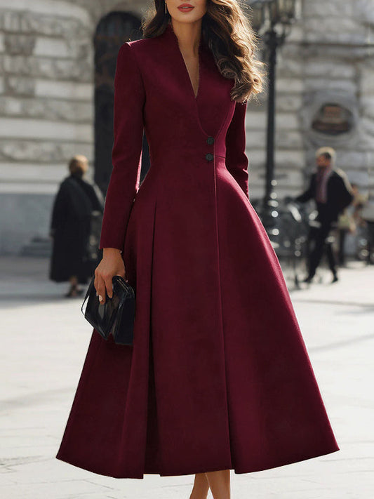 A-Line High Waisted Buttoned Pleated Solid Color Stand Collar Maxi Dresses