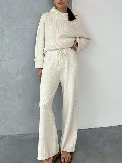 Ensemble deux pièces : pull ample à manches longues et col rond, couleur unie, avec capuche et pantalon à cordon de serrage 