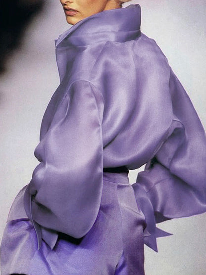 False Two Long Sleeves Solid Color Split-Joint Lapel Blouses&Shirts Tops