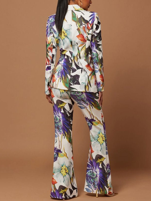 Long Sleeves Floral Printed Split-Joint Lapel Blazer Suit Outerwear
