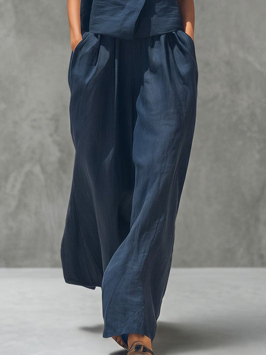 High Waisted Wide Leg Pleated Pockets Solid Color Pants Trousers