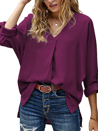 High-Low-T-Shirts mit Knöpfen, einfarbig, V-Ausschnitt 