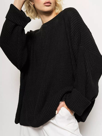 Long Sleeves Loose Solid Color Split-Joint Round-Neck Sweater Tops BLACK