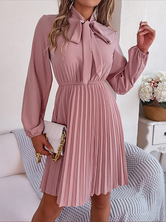 Long Sleeves Loose Pleated Solid Color Tied Mock Neck Mini Dresses