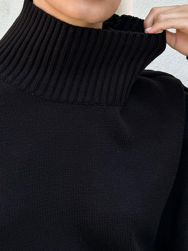 Long Sleeves Loose Solid Color Split-Joint High Neck Pullovers Sweater Tops
