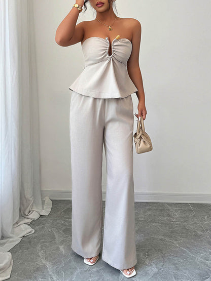 Solid Color Pleated Buttoned Ruffled Tube Blouses&Shirts Tops + High Waisted Zipper Column Pants Trousers Two Pieces Set