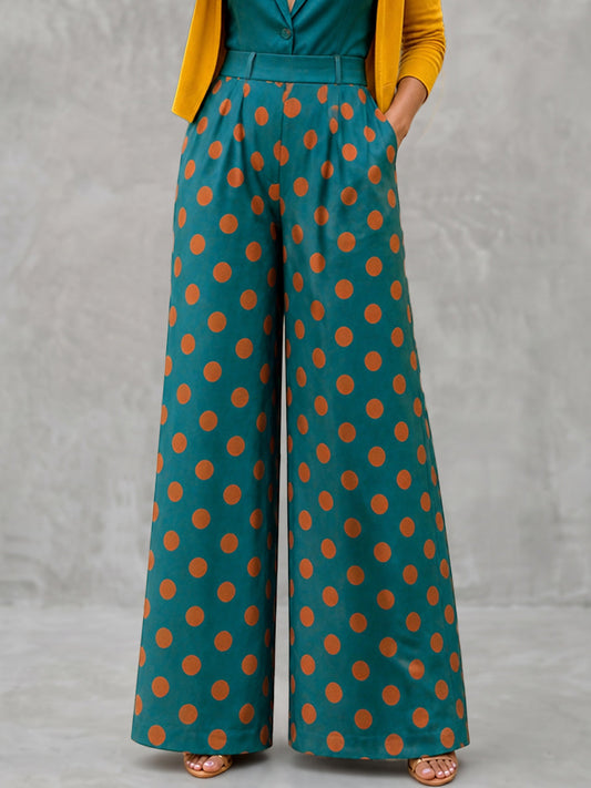 Polka-Dot Pockets Pleated No Belt Elasticity Contrast Color Wide Leg High Waisted Trousers Pants