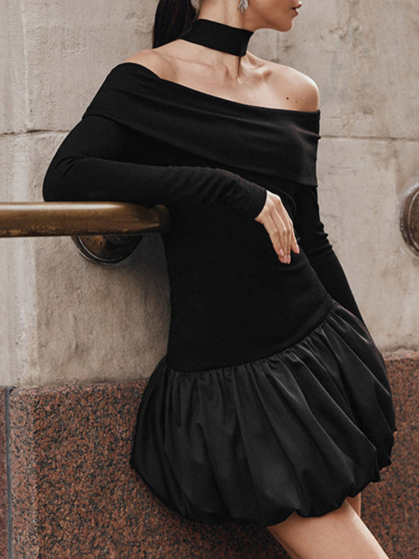 Mini-robes taille haute, manches longues, couleur contrastée, plissées, fendues, épaules dénudées 