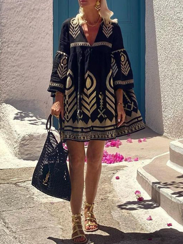 Flared Sleeves Loose Embroidered Split-Joint Deep V-Neck Mini Dresses