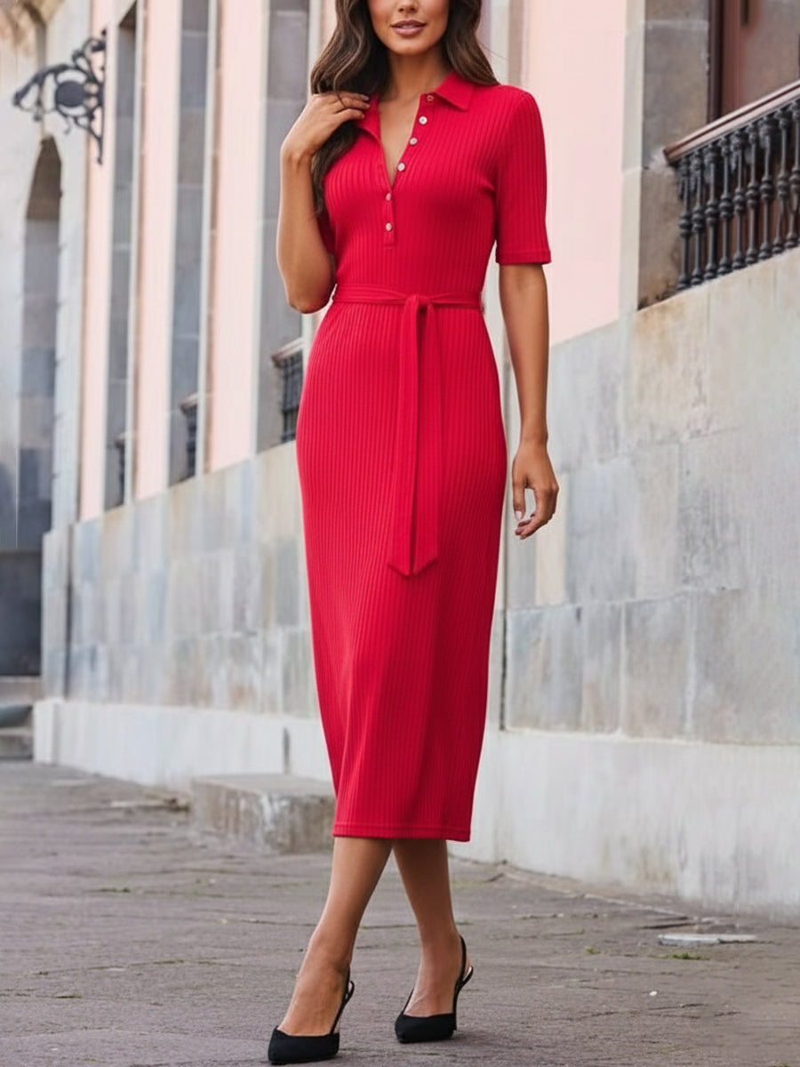 Bodycon Elasticated Waist Buttoned Ribbed Knit Solid Color Split-Joint Tied Waist Lapel Midi Dresses