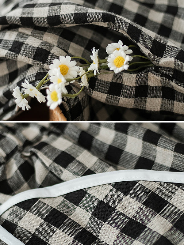 Artistic Retro Linen Loose Wide Legs Plaid Drawstring Pants