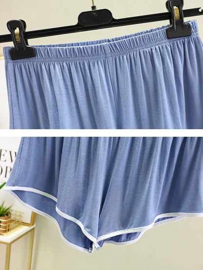 Home Wear Loose Sleeveless Contrast Color Round-Neck Vest&Shorts Pajamas Set