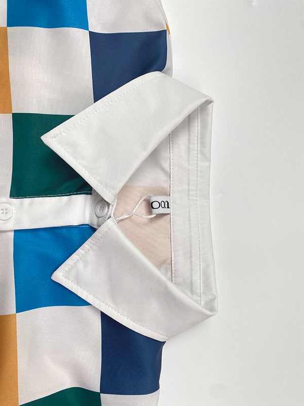 Long Sleeves Loose Buttoned Contrast Color Plaid Tied Stand Collar Blouses&Shirts Tops