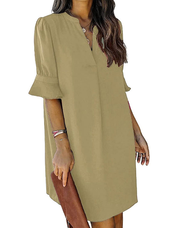 A-Line Flared Sleeves Pleated Ruffled Solid Color Split-Joint V-Neck Mini Dresses