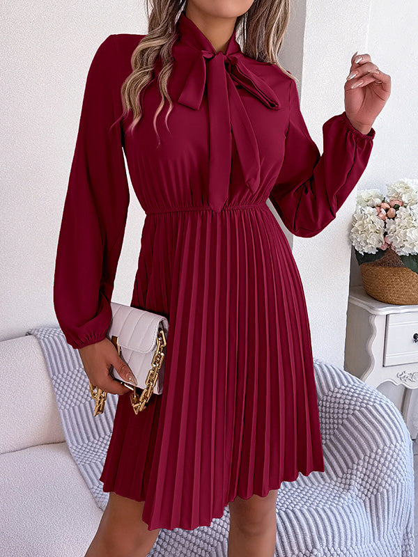 Long Sleeves Loose Pleated Solid Color Tied Mock Neck Mini Dresses