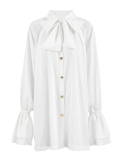 A-Line Flared Sleeves Buttoned Elasticity Pleated Solid Color Tied Zipper Stand Collar Mini Dresses