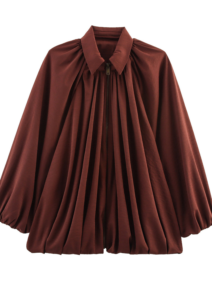 Zipper Solid Color Pleated Puff Sleeves Loose Lapel Outerwear