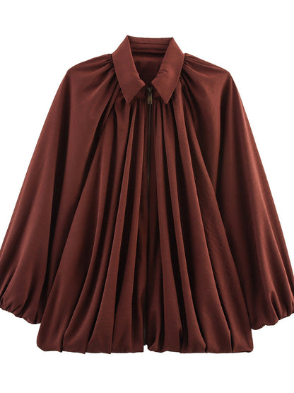 Zipper Solid Color Pleated Puff Sleeves Loose Lapel Outerwear