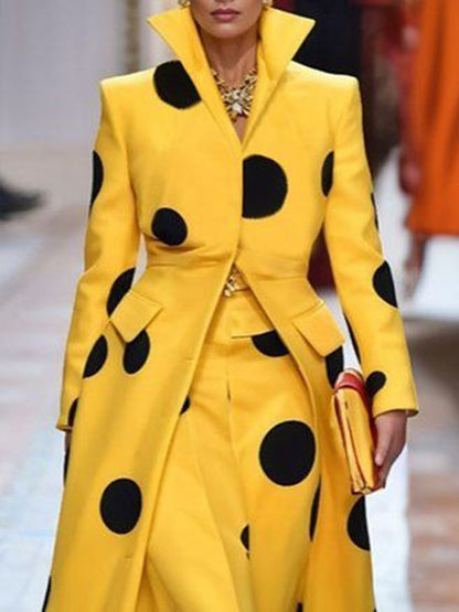 Long Sleeves Loose Polka-Dot Split-Joint Lapel Woolen Coat