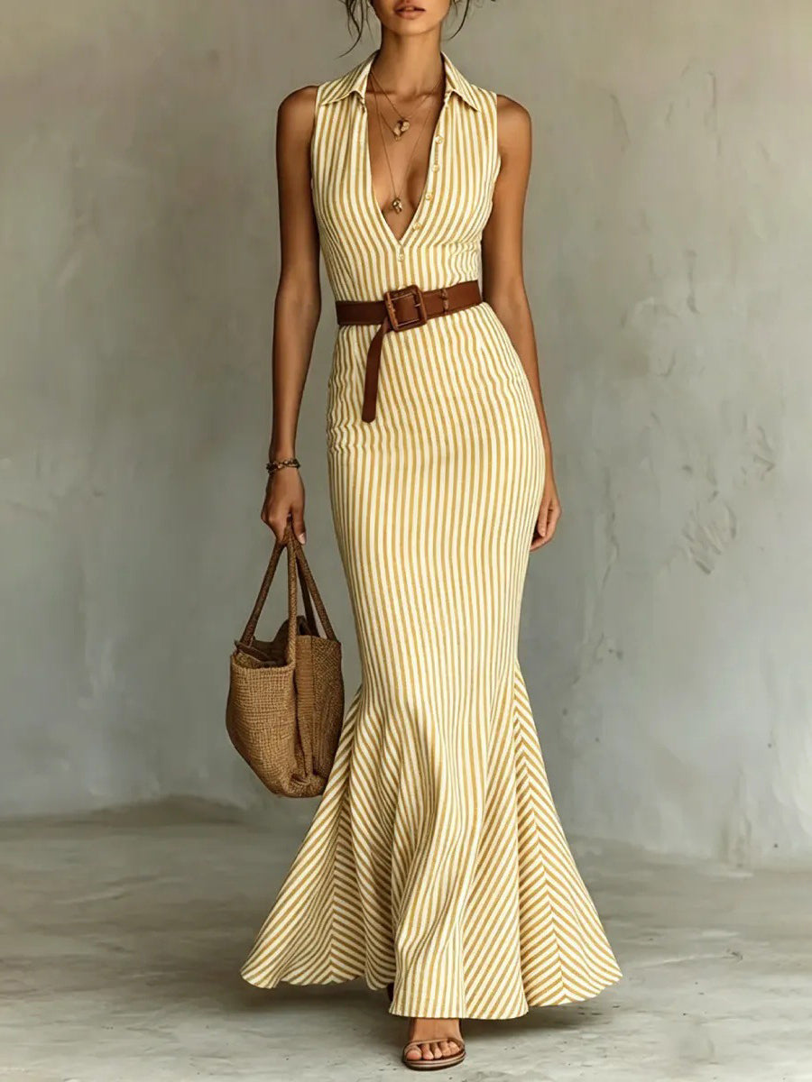 Bodycon Mermaid Belted Striped Deep V-Neck Maxi Dresses