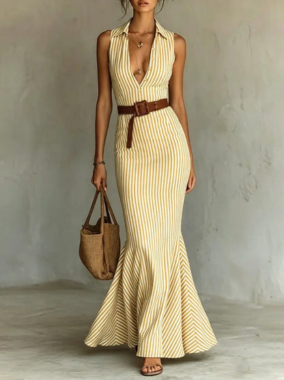 Bodycon Mermaid Belted Striped Deep V-Neck Maxi Dresses