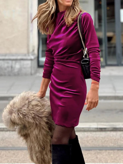 Wrap Solid Color Zipper Stand Collar Mini Dresses