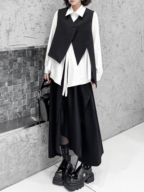 Irregularity Long Sleeves Buttoned Solid Color Split-Joint Streamer Lapel Collar Blouses&Shirts Tops