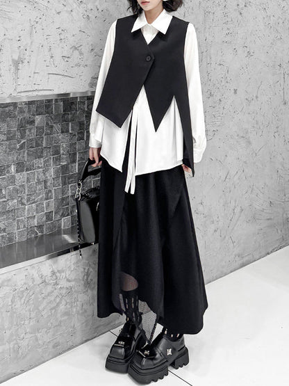 Irregularity Long Sleeves Buttoned Solid Color Split-Joint Streamer Lapel Collar Blouses&Shirts Tops