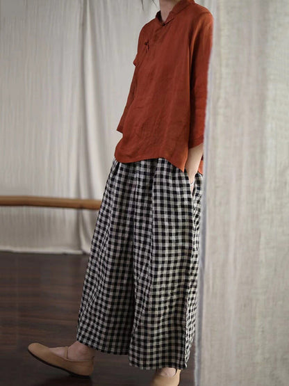 Artistic Retro Linen Loose Wide Legs Plaid Drawstring Pants