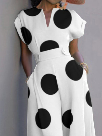 Short Sleeves Wide Leg Polka-Dot V-Neck Jumpsuits