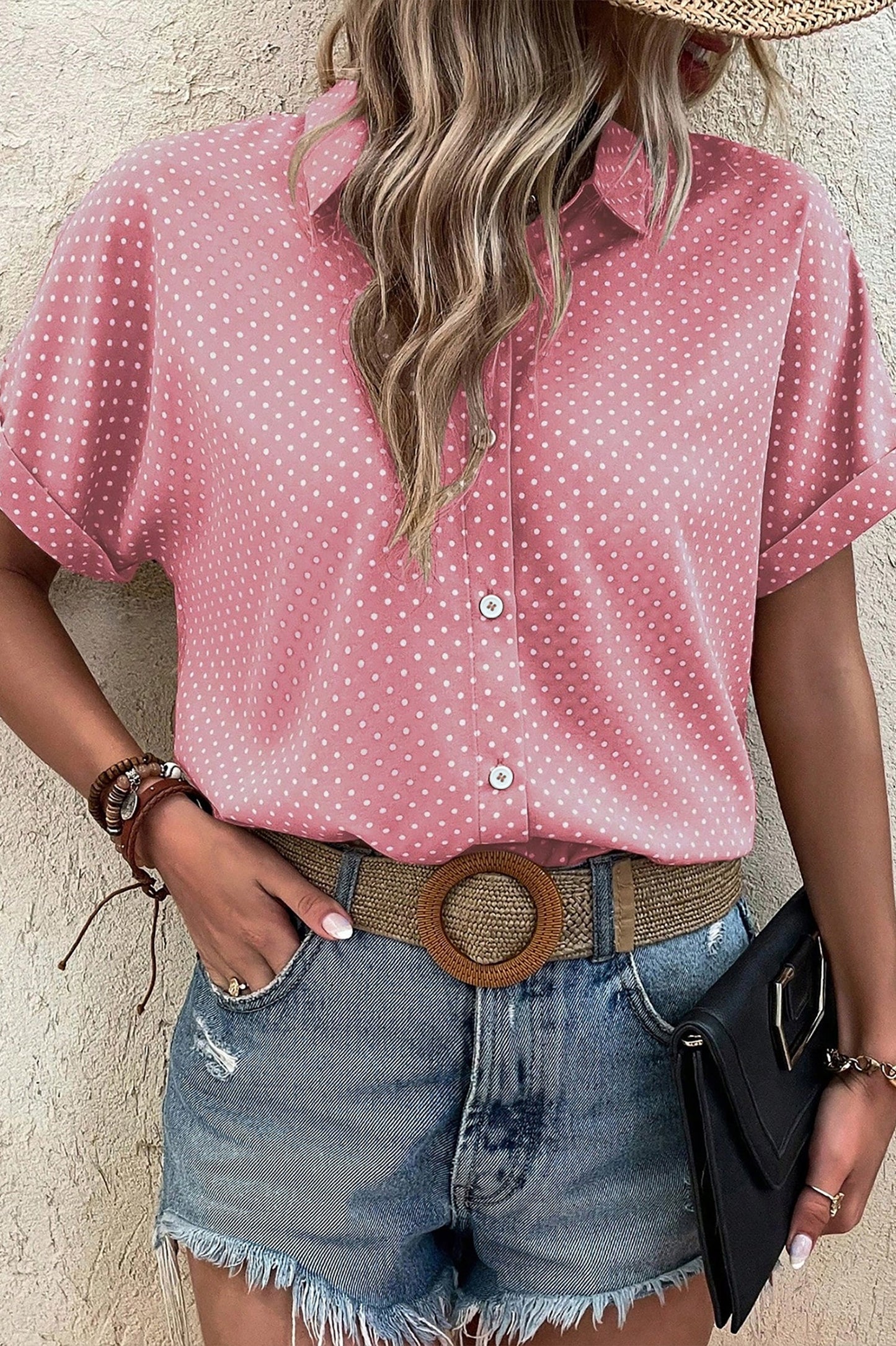 Khaki Dotted Print Cuffed Short Sleeve Shirt