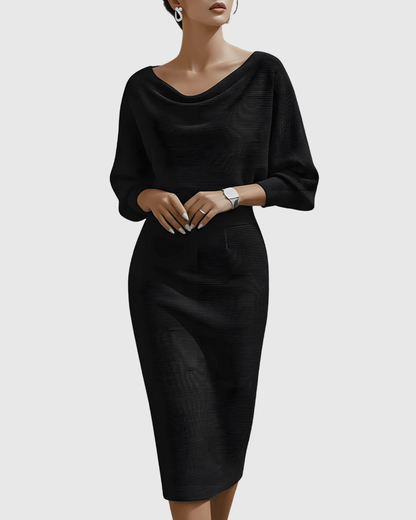 Vivienne | Women's Cowl Neck Batwing Sleeve Ribbed Midi Dress