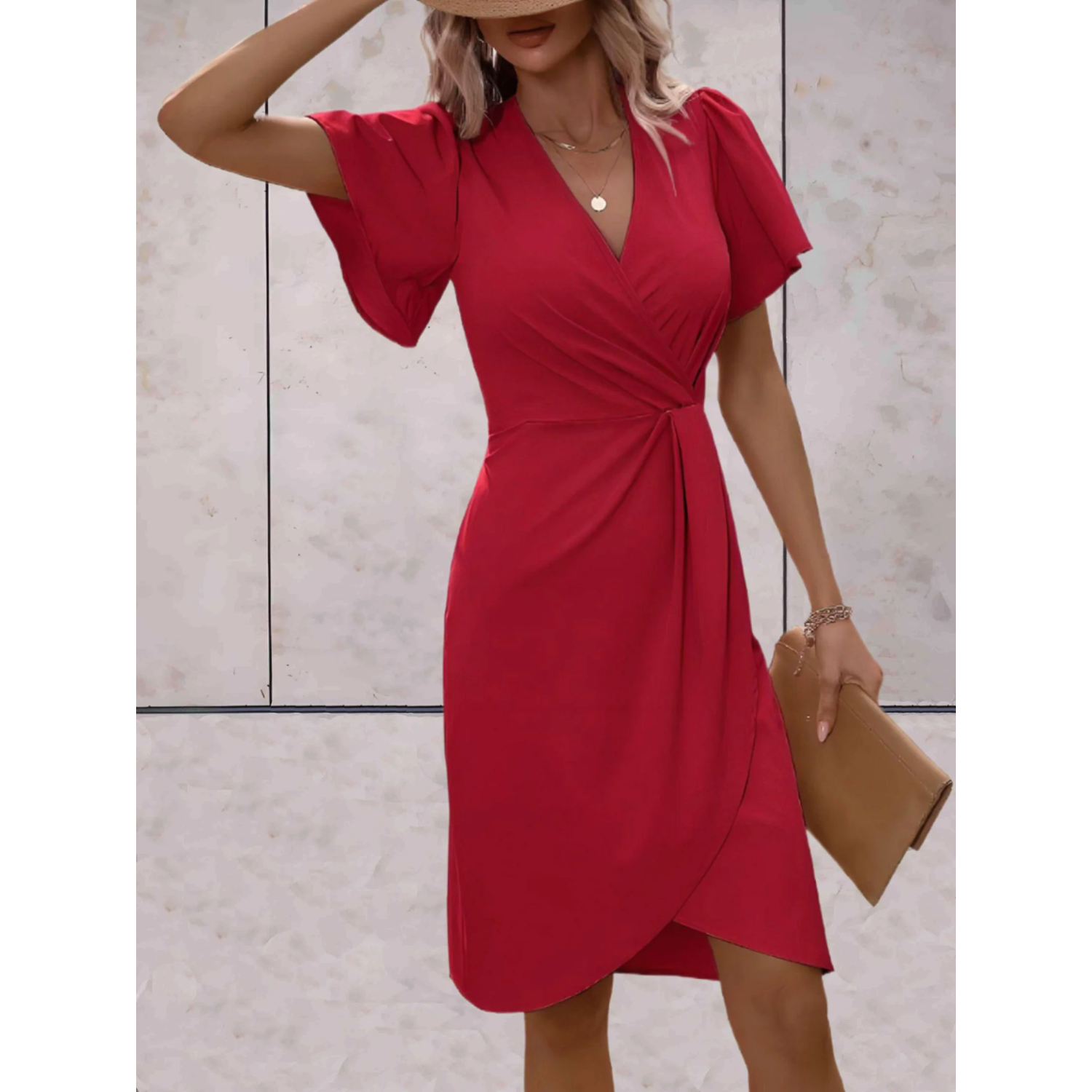 Tara | Women's Wrap Midi Dress Flutter Sleeve V-Neck Bodycon