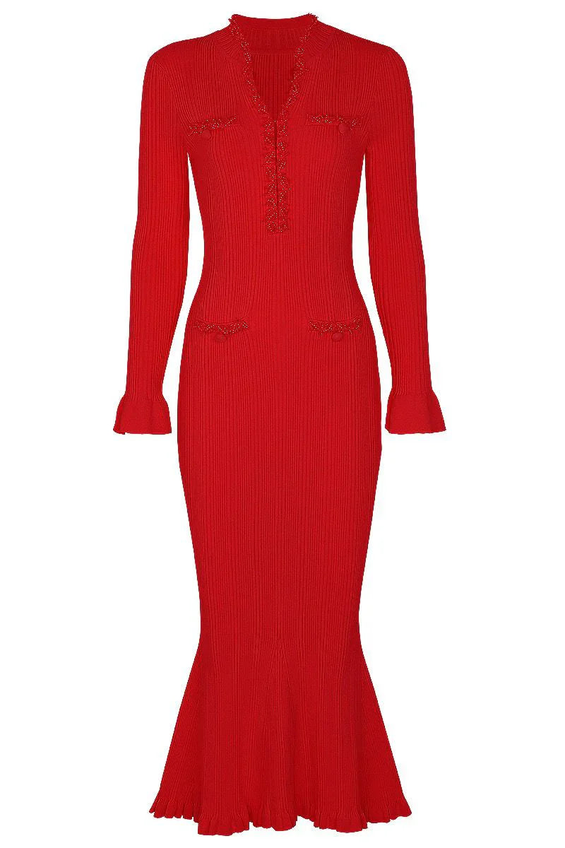 GRISELLE Knit Long Sleeve Crystals Maxi Bodycon Dress