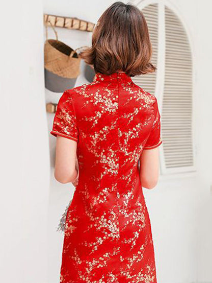 Kurzes Cheongsam mit Stehkragen und Pflaumenblüten-Print 