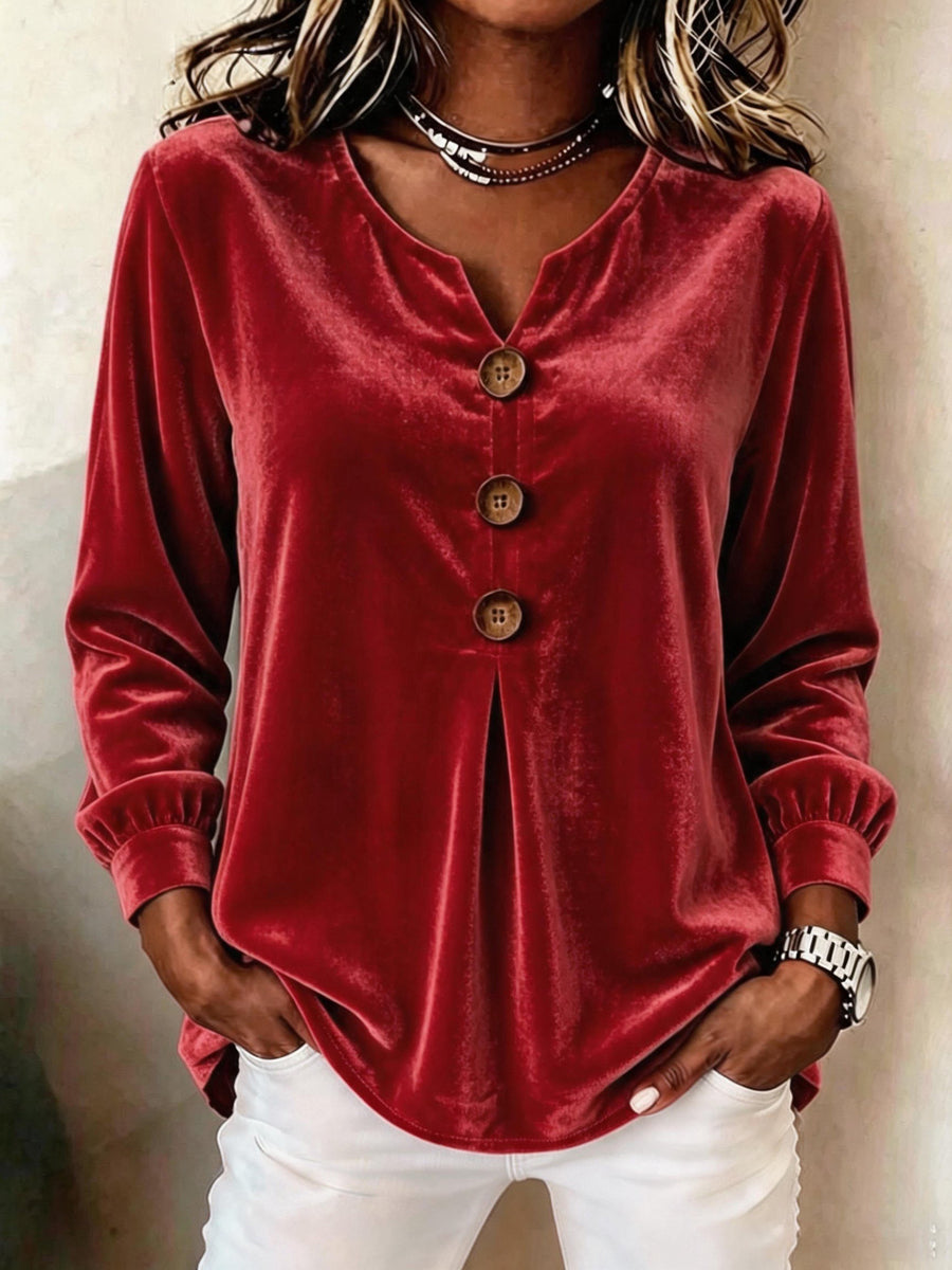 Velvet Solid Color Pleated Buttoned Loose Long Sleeves V-neck T-Shirts Tops