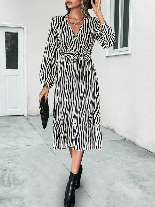 High Waisted Long Sleeves Tied Waist Zebra-Stripe V-Neck Midi Dresses