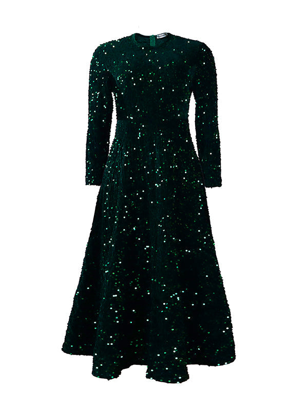 Robe longue trapèze taille haute à paillettes, fermeture éclair fendue et col rond 