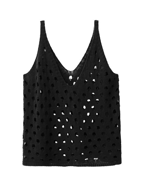 Loose Sleeveless Hollow Solid Color V-Neck Vest Top
