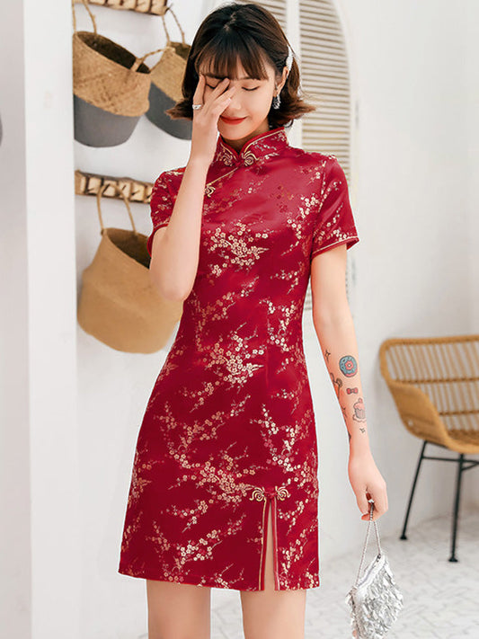 Burgundy&Red Plum Blossom Print Stand Collar Short Cheongsam