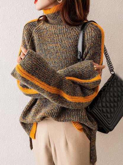 Casual Long Sleeves Loose Contrast Color Half Turtleneck Sweater Tops