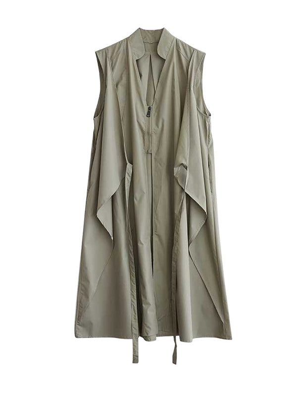 A-Line Loose Pockets Solid Color Tied Zipper V-Neck Midi Dresses Shirt Dress