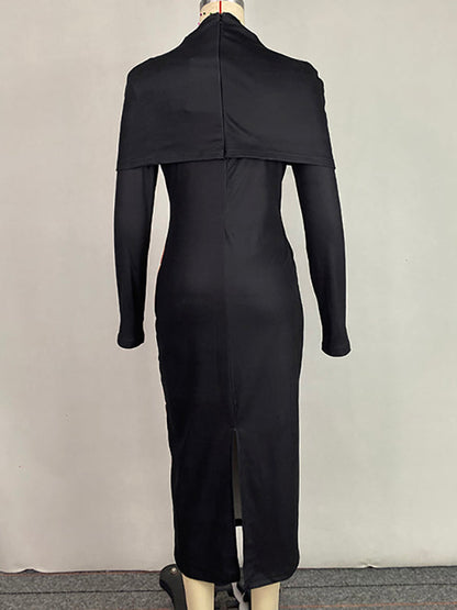 Bodycon Capelet Flower Print Mock Neck Midi Dresses