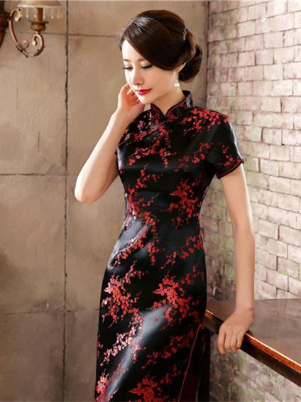 Black Red-flower Print Split-side Long Cheongsam
