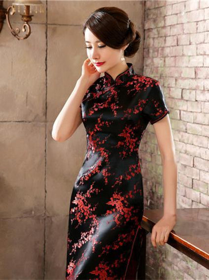 Black Red-flower Print Split-side Long Cheongsam