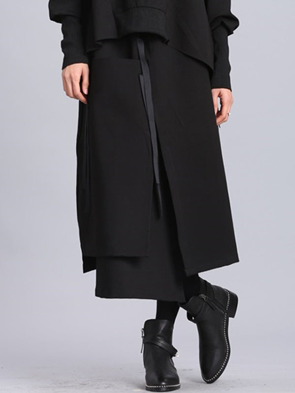Raised Bands Split-Joint Asymmetric Black Empire Skirt